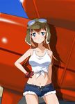  belt blue_eyes charlotte_e_yeager cutoffs front-tie_top gloves goggles goggles_on_head hand_on_hip hat highres navel orange_hair shiny shiny_skin shirt shorts smile solo strike_witches tank_top tied_shirt tokiani world_witches_series 