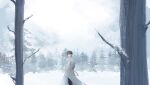  1boy black_hair coat feet_out_of_frame forest gwon hands_in_pockets highres kim_dokja looking_back male_focus mountainous_horizon nature omniscient_reader's_viewpoint open_clothes open_coat outdoors scenery short_hair snow snowing solo tree white_coat wide_shot winter 