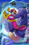  1girl :d blue_skin blush_stickers breasts brown_eyes chain china_dress chinese_clothes claw_(weapon) cleavage cleavage_cutout clothing_cutout colored_skin commentary darkstalkers dress flipped_hair hat highres hsien-ko jiangshi large_breasts midair ofuda ofuda_on_head open_mouth pants pelvic_curtain pink_dress pink_shoes purple_hair purple_pants qingdai_guanmao radiostarkiller shoes short_hair side_slit sleeves_past_fingers sleeves_past_wrists smile solo teeth toned toned_female upper_teeth_only weapon 