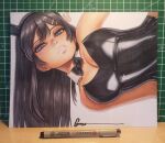  1girl animal_ear_hairband animal_ears artist_name bare_shoulders black_bow black_bowtie black_hair black_hairband black_leotard blue_eyes bow bowtie breasts closed_mouth detached_collar fake_animal_ears hair_ornament hairband hairclip half-closed_eyes hanging large_breasts leotard lips long_hair looking_at_viewer omar_dogan photo_(medium) playboy_bunny rabbit_ear_hairband rabbit_ears rabbit_hair_ornament sakurajima_mai seishun_buta_yarou signature simple_background solo strapless strapless_leotard thick_lips third-party_source traditional_bowtie traditional_media upper_body white_background 