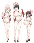  3girls ahoge animal_ears black_eyes black_hair blue_eyes breasts breasts_apart collarbone commentary_request fang flag foeyp full_body fundoshi grabbing_own_breast hair_bun hair_ornament halo halo_behind_head hand_on_own_stomach highres holding holding_flag holding_jar japanese_clothes jar kaede_(blue_archive) lactation large_areolae large_breasts linea_nigra long_hair mimori_(blue_archive) multiple_girls nipples no_bra okobo open_mouth outie_navel pink_hair pink_halo platform_sandals pregnant red_flag red_halo sandals short_hair simple_background single_hair_bun single_side_bun skin_fang tsubaki_(blue_archive) white_background yellow_eyes 