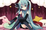  aqua_eyes aqua_hair bad_id bad_pixiv_id detached_sleeves hanepochi hatsune_miku long_hair necktie panties pillow sitting skirt smile solo striped striped_panties thighhighs twintails underwear v very_long_hair vocaloid 