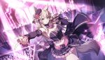  animal_ears blonde_hair breasts cat_ears cat_girl cat_tail cleavage detached_sleeves hair_between_eyes highres holding holding_microphone idol_clothes kage_no_jitsuryokusha_ni_naritakute! kage_no_jitsuryokusha_ni_naritakute!_master_of_garden large_breasts long_hair long_sleeves looking_at_viewer microphone midriff miniskirt navel official_art purple_eyes skirt smile solo stage_lights tail zeta_(kagejitsu) 
