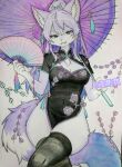  1girl animal_nose artist_name black_thighhighs blue_eyes blue_fur blue_hair breasts china_dress chinese_clothes cleavage cleavage_cutout clothing_cutout covered_navel crossed_legs dress fang furry furry_female gradient_hair hand_fan heart highres holding holding_fan long_hair mandarin_collar multicolored_hair oil-paper_umbrella open_mouth original purple_fur purple_hair purple_umbrella simple_background snout solo thighhighs thighs umbrella updo very_long_hair white_background white_fur 