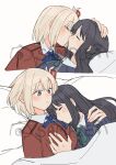  2girls black_hair blonde_hair blue_dress blue_ribbon blush chinese_commentary closed_eyes commentary_request dress grabbing_another's_breast green_ribbon groping hair_ribbon hand_on_another's_head hand_on_another's_shoulder highres inoue_takina jenjen kiss lycoris_recoil multiple_girls neck_ribbon nishikigi_chisato red_dress red_ribbon ribbon sample_watermark short_hair simple_background sleeping watermark white_background yuri 