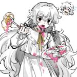  >_< 1girl :d bib_collar black_ribbon blood blood_drip blood_on_clothes blood_on_dress blood_on_face blood_on_food blood_on_plate charlotte_wiltshire charlotte_wiltshire_(delirium) chibi chibi_inset corpse crazy_eyes dress dripping dual_persona egg flying_sweatdrops hair_ribbon hello_charlotte highres holding holding_plate holding_spatula jsjdndhidnshssj long_hair messy_hair neck_ribbon no_pupils open_mouth pile_of_corpses pink_blood plate ribbon simple_background smile spatula tearing_up very_long_hair white_background white_dress white_hair yellow_ribbon 