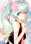  aqua_eyes aqua_hair bow hair_bow hatsune_miku kl long_hair one_eye_closed smile solo twintails vocaloid 