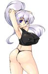  1girl armpits arms_up ass black_panties blue_eyes breasts erect_nipples female from_behind huge_breasts large_breasts long_hair looking_back lute_(apocalypselibrary) lute_(artist) no_bra no_pants original panties ponytail purple_hair shirt simple_background solo standing thong touhou underwear 