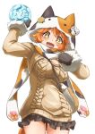  1girl :d absurdres animal_bag animal_hood arm_up bag black_mittens black_skirt breasts brown_sweater cable_knit calico_(pattern) cat_bag cat_hood chinese_commentary cleavage_cutout clothing_cutout commentary cowboy_shot cross-shaped_pupils four-leaf_clover_ornament highres hood ice long_sleeves looking_at_viewer matikanefukukitaru_(umamusume) medium_breasts mittens open_mouth orange_eyes orange_hair short_hair shoulder_bag simple_background skirt smile solo sweater symbol-shaped_pupils umamusume white_background yingjian 