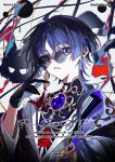  1boy absurdres adjusting_eyewear ahoge alternate_costume bishounen black_gloves black_hair blue_hair coin_earrings copyright_name earrings eyeliner fuzijo gem genshin_impact gloves gold grey-framed_eyewear hand_up highres jewelry looking_at_viewer makeup male_focus multicolored_hair parted_lips portrait purple_eyes purple_gem red_eyeliner robe round_eyewear sample_watermark scaramouche_(genshin_impact) solo streaked_hair tassel tassel_earrings tsurime wanderer_(genshin_impact) watermark white_background white_mouth white_sleeves 