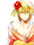  arc_system_works blazblue blazblue:_calamity_trigger blonde_hair flower green_eyes japanese_clothes jin_kisaragi kimono kisaragi_jin male male_focus simple_background smile 