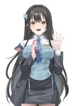  1girl absurdres black_hair black_skirt blue_necktie blue_shirt blush bow breasts commentary cowboy_shot diesel_(nikke) diesel_(winter_sweets)_(nikke) double-parted_bangs earrings eomung goddess_of_victory:_nikke hair_bow highres holding holding_microphone jewelry large_breasts long_hair long_sleeves looking_at_viewer microphone miniskirt necktie off_shoulder open_clothes plaid_clothes plaid_necktie shirt simple_background skirt snowflake_earrings solo very_long_hair white_background yellow_eyes 