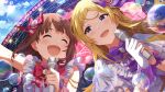  2girls :d ^_^ amami_haruka blonde_hair blue_eyes blush bow bowtie brown_hair bubble card_commentary closed_eyes commentary_request concert from_below game_asset gloves hair_bow holding holding_microphone idol idolmaster idolmaster_(classic) idolmaster_million_live! idolmaster_million_live!_theater_days jacket long_hair microphone multiple_girls official_art purple_bow purple_bowtie red_bow red_bowtie shinomiya_karen short_hair side-by-side sideways_glance single_glove sleeveless smile stage third-party_source upper_body white_gloves white_jacket 