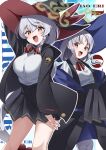  2girls absurdres black_hat black_jacket black_pantyhose black_skirt blue_archive bow bowtie braid breasts character_name commentary cowboy_shot english_commentary eri_(blue_archive) grey_hair halo hat highres jacket large_breasts long_hair looking_at_viewer multiple_girls open_mouth orange_eyes outline pantyhose parted_bangs prototype_design red_bow red_bowtie saabyboi shirt side_braid sidelocks skirt standing v-shaped_eyebrows very_long_hair white_outline white_shirt witch_hat 