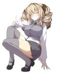  1girl absurdres astra_chichi blonde_hair blue_eyes blush breasts buttons closed_mouth collared_shirt commentary_request crop_top fang food-themed_hair_ornament full_body furry furry_female green_necktie grey_skirt grey_thighhighs grey_vest hair_ornament hairclip highres kiwi_(sani_yang's_laboratory) kiwi_hair_ornament korean_commentary large_breasts long_sleeves mary_janes navel necktie one_eye_closed pleated_skirt sani_yang's_laboratory shirt shoes simple_background skin_fang skirt slit_pupils solo squatting thighhighs thighs twintails two-tone_fur v vest white_background white_fur white_shirt x_hair_ornament yellow_fur 