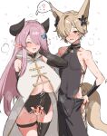  1boy 1girl ? animal_ears areola_slip backless_outfit bare_shoulders black_flower braid breasts censored closed_eyes commentary_request cum cum_on_body cum_on_legs cum_on_legwear draph erune eyeshadow flower fox_boy fox_ears fox_tail granblue_fantasy hair_flower hair_ornament hair_over_one_eye hickey highres horn/wood horns implied_after_sex kou_(granblue_fantasy) large_breasts long_hair low-tied_long_hair makeup narmaya_(granblue_fantasy) open_mouth pink_hair pointy_ears red_eyeshadow saliva side-tie_legwear simple_background single_braid single_thighhigh spoken_question_mark steam steaming_body tail thigh_strap thighhighs white_background yellow_eyes 