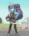  1girl absurdres animal_ears backpack bag black_bag black_thighhighs blue_eyes blue_hair blue_hoodie blue_sky body_armor brown_shorts bulletproof_vest cigarette cigarette_pack cyrillic day escape_from_tarkov fake_animal_ears full_body gloves grass gun hatsune_miku highres holding holding_gun holding_weapon hood hoodie knee_pads magazine_(weapon) motor_vehicle mouth_hold multicolored_hair outdoors pickup_truck pink_hair qoni321 rabbit_ears rabbit_hole_(vocaloid) road shorts sky smoking solo submachine_gun tactical_clothes thighhighs tree truck twintails uzi vocaloid walking weapon 