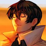  1boy absurdres black_hair black_shirt closed_eyes coat collared_shirt commentary english_commentary facing_to_the_side gwon highres kim_dokja male_focus omniscient_reader's_viewpoint popped_collar shirt short_hair sidelighting smile solo warm_colors white_coat 