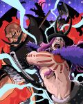  axe bald bandages bandages_over_eyes braid corarima dragon facial_hair haki_(one_piece) hammer harald_(one_piece) helmet highres holding holding_axe holding_hammer holding_weapon horns lightning loki_(one_piece) loki_(one_piece)_(nidhoggr) long_hair mustache one_piece open_mouth pink_hair ragnir_(one_piece) scar silhouette tattoo twin_braids weapon 