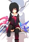  ahoge asymmetrical_wings bad_id bad_pixiv_id black_hair black_legwear boots bow highres houjuu_nue looking_at_viewer nail_polish ogipote pink_eyes polearm short_hair sitting snake solo thighhighs touhou trident weapon wings zoom_layer 