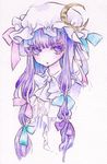  bow crescent hair_bow hat hat_bow long_hair miri_(tobira_no_mukou) patchouli_knowledge purple_eyes purple_hair solo touhou traditional_media upper_body watercolor_(medium) 