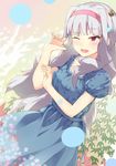  absurdres bad_id bad_pixiv_id blush cccpo crown dress flower hair_ornament hairband highres idolmaster idolmaster_(classic) long_hair mini_crown one_eye_closed open_mouth red_eyes shijou_takane silver_hair smile solo water 