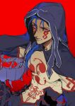  1boy asahi28324 blue_hair commentary cu_chulainn_(fate) cu_chulainn_alter_(fate) facial_mark fate/grand_order fate_(series) gloves highres hood hood_up long_hair looking_at_viewer male_focus open_mouth pectorals red_background red_eyes sharp_teeth simple_background solo tail tattoo teeth untranslatable_commentary upper_body 