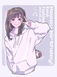  1girl ;) absurdres animification blunt_bangs blush_stickers brown_eyes brown_hair character_doll character_name closed_mouth commentary_request cropped_torso dated doll drawstring fujishima_megumi grey_background grin halftone halftone_background hand_in_pocket happy_birthday highres hood hood_down hoodie kirisaki_nuko long_hair long_sleeves love_live! love_live!_hasu_no_sora_jogakuin_school_idol_club one_eye_closed real_life seeno_de!_hasu_no_sora! smile solo tsukine_kona two_side_up virtual_youtuber voice_actor voice_actor_connection white_hoodie 