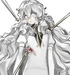  1girl arrow_(projectile) arrow_in_body black_shirt buttons charlotte_wiltshire collared_shirt cracked_skin gem gem_in_body gem_uniform_(houseki_no_kuni) hello_charlotte highres houseki_no_kuni jsjdndhidnshssj long_hair neck_ribbon parted_lips puffy_short_sleeves puffy_sleeves red_gem ribbon shirt short_sleeves simple_background solo torn_clothes torn_shirt undershirt very_long_hair white_background white_eyes white_hair white_shirt yellow_ribbon 