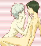  2boys blue_eyes blush brown_hair heart ikari_shinji male male_focus multiple_boys nagisa_kaworu neon_genesis_evangelion nude red_eyes short_hair smile spiked_hair spiky_hair white_hair yaoi 