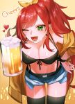  1girl alcohol beer beer_mug black_bra black_ribbon black_thighhighs bra breasts cleavage cup elly_(1st_costume)_(vtuber) elly_(vtuber) green_eyes highres indie_virtual_youtuber large_breasts leaning_forward long_hair looking_at_viewer mug omui05 one_eye_closed open_mouth ponytail red_hair ribbon shorts solo thighhighs thighs underwear virtual_youtuber 