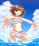  :d bare_shoulders bikini bikini_skirt brown_eyes brown_hair cloud day fang foreshortening frilled_bikini frills hair_ornament hairpin highres kamiko_to_seiryoku misaka_mikoto navel ocean one_eye_closed open_mouth polka_dot polka_dot_bikini polka_dot_swimsuit short_hair sky smile solo splashing swimsuit to_aru_kagaku_no_railgun to_aru_majutsu_no_index wading water 