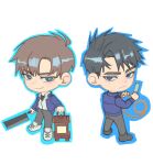  2boys absurdres agent_choi back-to-back black_eyes black_hair blue_eyes blue_jacket blue_pupils brown_hair chibi chibi_only cleaver fighting_stance grin gwechul highres jacket lantern male_focus multiple_boys rope ryu_jaekwan scar scar_on_neck serious short_hair simple_background smile spiked_hair toinystary 