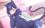  1girl absurdres animal_ears blue_eyes blue_hair blue_hoodie blue_shorts blurry blurry_background cat_ears cat_girl cat_tail closed_mouth commentary dolphin_shorts fang hair_intakes hand_up highres hololive hololive_english hood hoodie indoors long_sleeves looking_at_viewer ouro_kronii ribbon short_hair short_shorts shorts skin_fang smile solo tail tail_ornament tail_ribbon untranslatable_commentary virtual_youtuber yoellim5 