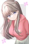  1girl bloom_garden_party_jacket border breasts brown_hair closed_mouth commentary_request cowboy_shot fujishima_megumi grey_background highres hood hood_down hooded_jacket jacket large_breasts long_hair long_sleeves looking_at_viewer love_live! love_live!_hasu_no_sora_jogakuin_school_idol_club love_live!_hasu_no_sora_jogakuin_school_idol_club_bloom_garden_party outside_border pink_jacket purple_eyes simple_background skirt smile solo tsubuan_(in_taiyaki) upturned_eyes white_border white_skirt 
