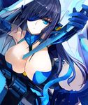  bare_shoulders blue_eyes blue_hair breasts cleavage elbow_gloves eyepatch gloves hanging_breasts highres large_breasts long_hair original pupps solo 