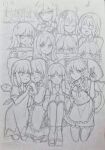  6+girls animal_ears apron ascot bow braid cirno cloak closed_eyes closed_mouth commentary_request detached_sleeves detached_wings double_dealing_character dress drill_hair frilled_bow frilled_hair_tubes frills greyscale hair_bow hair_tubes hairband hakurei_reimu hands_in_opposite_sleeves highres horikawa_raiko ice ice_wings imaizumi_kagerou izayoi_sakuya kijin_seija kirisame_marisa korean_commentary long_hair long_sleeves looking_at_viewer maid maid_headdress monochrome multiple_girls musical_note necktie open_mouth pinafore_dress ribbon-trimmed_sleeves ribbon_trim sekibanki shirt side_braid singing single_braid sketch skirt sleeveless sleeveless_dress small_horns smile soooooook2 sukuna_shinmyoumaru touhou traditional_media translation_request tsukumo_benben tsukumo_yatsuhashi twin_braids v waist_apron wakasagihime wings wolf_ears wolf_girl 