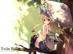  alternate_costume bad_id bad_pixiv_id belt black_legwear blonde_hair butt_crack camisole casual from_behind in_tree long_hair looking_at_viewer looking_back purple_eyes shorts sitting sitting_in_tree solo sousouman thighhighs touhou tree umbrella yakumo_yukari 