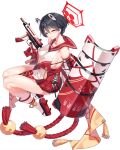  1girl ^_^ animal_ear_fluff animal_ears armor bare_shoulders black_hair blue_archive blush bob_cut breasts closed_eyes closed_mouth clothing_cutout crop_top crop_top_overhang cross-laced_clothes cross-laced_skirt detached_sleeves finger_on_trigger from_side full_body game_asset geta gloves gun hair_between_eyes halo hand_up happy highres hip_vent holding holding_gun holding_shield holding_weapon large_breasts large_variant_set legs legs_folded miniskirt mx2j official_art pelvic_curtain pleated_skirt raccoon_ears raccoon_girl red_armor red_gloves red_halo red_sailor_collar red_sandals red_skirt revealing_clothes riot_shield romaji_text rope rope_belt sailor_collar sandals shield shirt short_hair sideboob sidelocks simple_background skirt skorpion_vz._61 sleeveless sleeveless_shirt smile socks solo submachine_gun tachi-e tassel third-party_source transparent_background tsubaki_(blue_archive) upside-down_text variant_set weapon white_shirt white_sleeves white_socks 