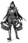  1girl antique_firearm belt bloodborne boots coat commentary covered_mouth dual_wielding elephantfist english_commentary firelock flintlock gloves greyscale gun handgun holding holstered hood hood_up hunter_(bloodborne) lantern long_sleeves looking_to_the_side monochrome pants saw simple_background solo walking weapon white_background 