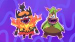  ambiguous_gender anthro blue_background duo emboar fire generation_5_pokemon generation_6_pokemon green_body hi_res metapod_para_presidente nickelodeon nintendo open_mouth orange_body patrick_star pokemon pokemon_(species) quilladin simple_background spongebob_squarepants spongebob_squarepants_(character) 