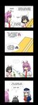  4koma animal_ears bunny_ears comic english hat highres inaba_tewi long_hair lunarisaileron multiple_girls necktie nurse_cap purple_hair red_eyes reisen_udongein_inaba short_hair silver_hair syringe touhou very_long_hair yagokoro_eirin 