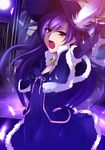  absurdres brown_eyes capelet choker cute_&amp;_girly_(idolmaster) dress elbow_gloves feathers gloves gothic_princess_(idolmaster) hat highres idolmaster idolmaster_(classic) kisaragi_chihaya kj_(colors004) long_hair music open_mouth purple_hair singing solo tears television 