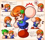  >_< 1girl 2boys afterimage asouuuu azuma_suguru baseball_cap bento blazer blue_jacket blue_skirt blush bow bowtie brown_shoes cherry_tomato chopsticks closed_eyes clover_hair_ornament commentary_request eighth_note gakuran green_bow green_bowtie green_hair hair_ornament hat highres holding holding_chopsticks holding_microphone holding_paper holding_phone hood hoodie imagining jacket jikkyou_powerful_pro_yakyuu jikkyou_powerful_pro_yakyuu_(style) kurami_haruka low_ponytail microphone multicolored_shoes multiple_boys multiple_expressions multiple_views musical_note no_mouth orange_hair paper phone pink_hoodie ponytail power_poke-kun_(power_pocket_7) power_pro-kun power_pro-kun_pocket power_pro-kun_pocket_7 rayman_limbs red_eyes school_uniform shirt shoes short_hair skirt smile sparkle speech_bubble tears thought_bubble tomato translation_request two-tone_shoes waving white_shirt white_shoes 