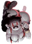  1girl adventure_time artist_name ass black_hair black_nails blue_nipples blush bracelet colored_nipples colored_skin commentary english_commentary grey_skin highres jewelry long_hair marceline_abadeer nipple_piercing official_alternate_costume open_mouth piercing pointy_ears red_eyes solo spiked_bracelet spikes vampire white_background zhero_art 