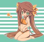  bad_id bad_pixiv_id bare_legs bare_shoulders barefoot bikini blade_(galaxist) blush bow breasts brown_hair covered_nipples fang green_eyes hair_bow huang_lingyin infinite_stratos long_hair midriff navel open_mouth sitting small_breasts solo swimsuit tankini twintails very_long_hair wariza 