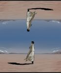  1boy absurdres black_hair coat commentary faceless facing_to_the_side from_side full_body highres kim_dokja male_focus mountainous_horizon multiple_views omniscient_reader's_viewpoint open_clothes open_coat outdoors recurring_image shadow short_hair upside-down white_coat yu_shiro_ki 