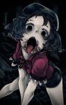  1girl black_eyes black_skirt blood blood_on_face blue_hair blurry blurry_background commentary_request hat hat_ornament highres jiangshi looking_at_viewer miyako_yoshika open_mouth pale_skin red_shirt sharp_teeth shirt short_hair short_sleeves skirt solo star_(symbol) star_hat_ornament teeth thighs tongue tongue_out touhou umaieokakitai upper_teeth_only 