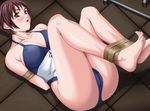  1girl arms_behind_back barefoot bdsm bible_black blush bondage bound breasts brown_eyes brown_hair cameltoe cleavage frown game_cg glasses knees_up large_breasts looking_at_viewer lying nonogusa_miyuki on_floor one-piece_swimsuit open_mouth panties sei_shoujo short_hair skin_tight swimsuit tape toenails toes 