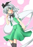  blush green_hair hair_ribbon hellween highres konpaku_youmu konpaku_youmu_(ghost) ribbon silver_hair solo touhou 